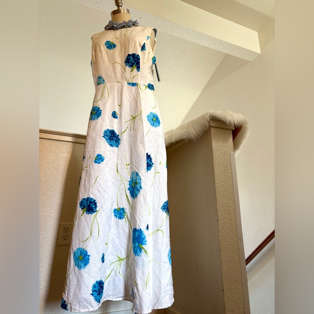 NWT 12 White Blue Floral 90s Linen Dress